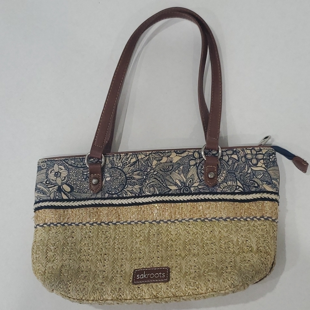 Sakroots Handbag Purse Straw and Fabric with gold accents